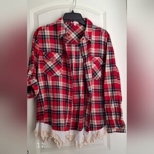 Jodifl Women Top M Red Plaid Cotton Flannel Eyelet Trim Feminine Western Cowgirl